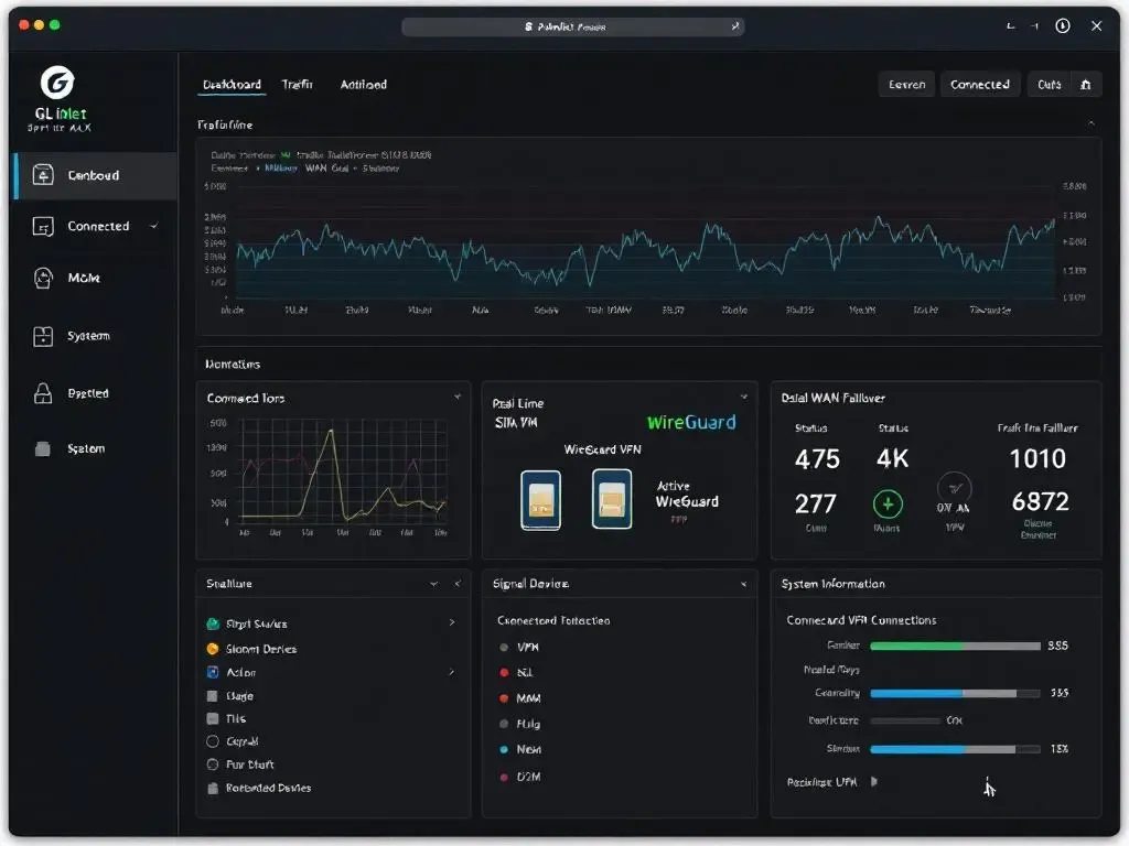 Dashboard OpenWrt del GL.iNet Spitz AX mostrando failover entre dos SIMs, monitor de tráfico en tiempo real y panel de WireGuard.