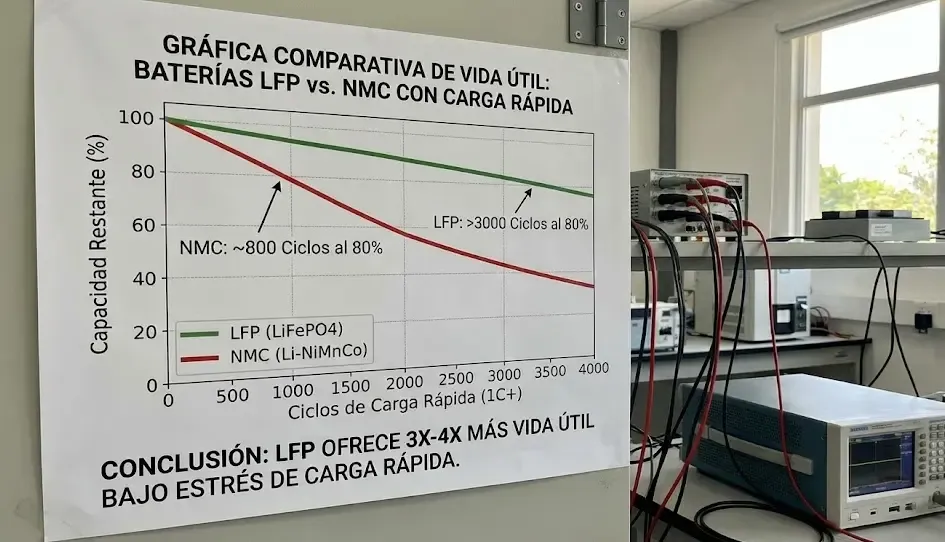 Gráfica comparativa de vida útil: Baterías LFP vs NMC con carga rápida