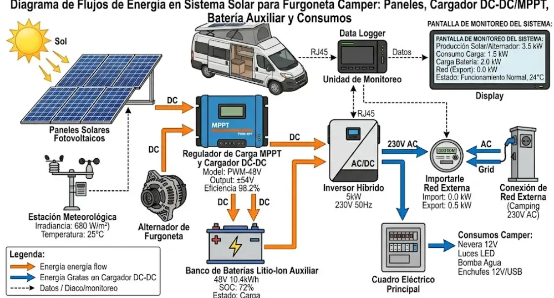 Diagrama de flujos de energía en sistema solar monitorizado: paneles, regulador, batería y consumos