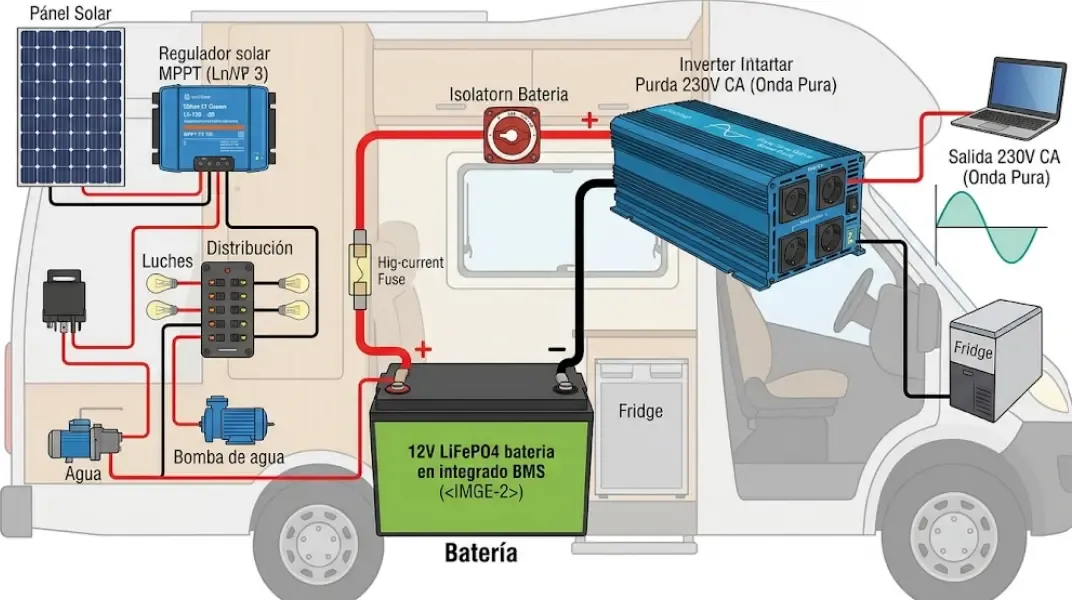 Diagrama de un inversor de onda pura conectado a batería de litio LiFePO4 en instalación camper