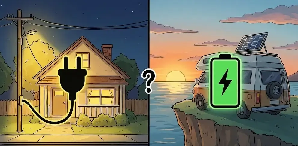 Ilustración partida comparativa. A la izquierda, una casa tradicional conectada mediante cables a un poste eléctrico (red general). A la derecha, una furgoneta camper aparcada frente al mar al atardecer, totalmente autónoma sin cables y con un icono verde de batería llena superpuesto.