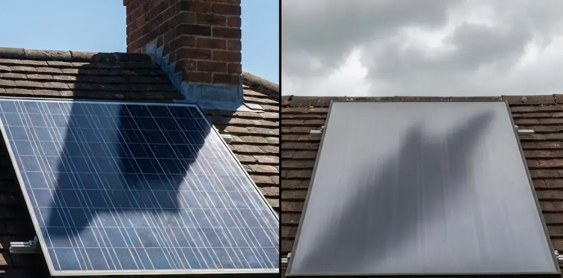 Gráfico mostrando la diferencia entre sombras duras provocadas por una chimenea y sombras suaves provocadas por nubes densas sobre un panel solar