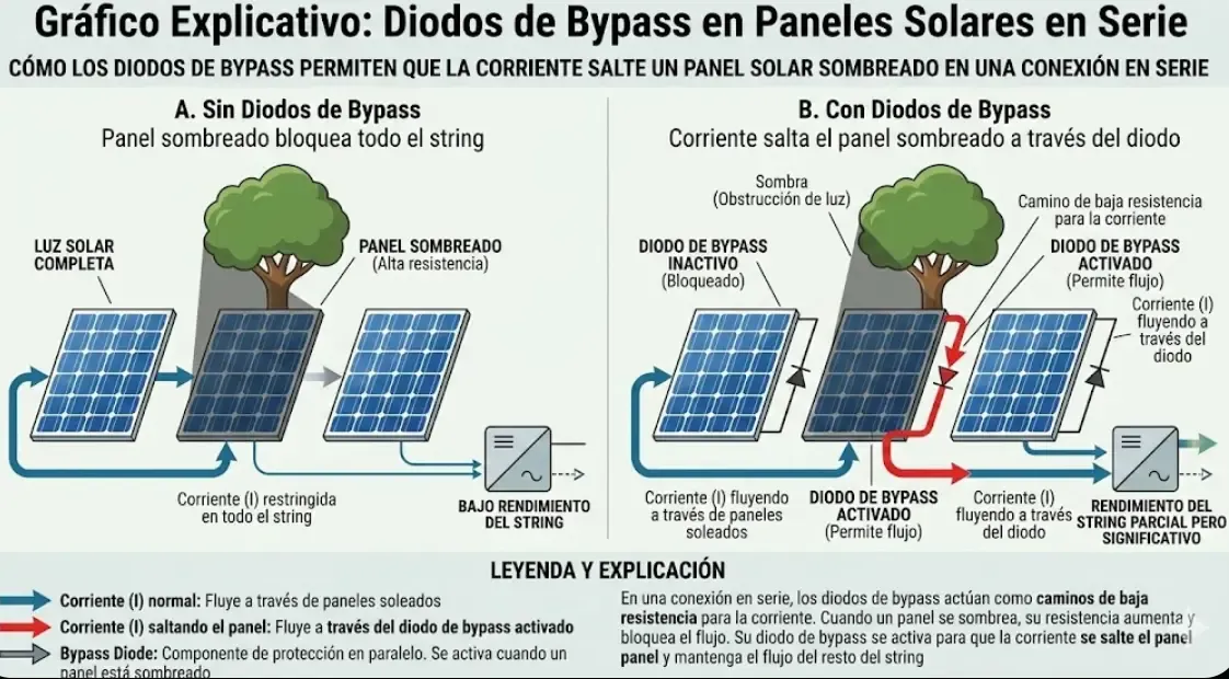 Gráfico explicativo mostrando cómo los diodos de bypass permiten que la corriente se salte un panel solar sombreado en una conexión en serie