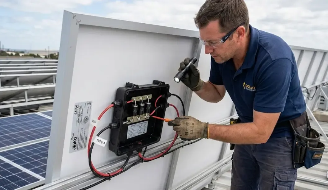 Persona revisando la caja de conexiones abierta en la parte trasera de un panel solar, mostrando los diodos de derivación cilíndricos negros