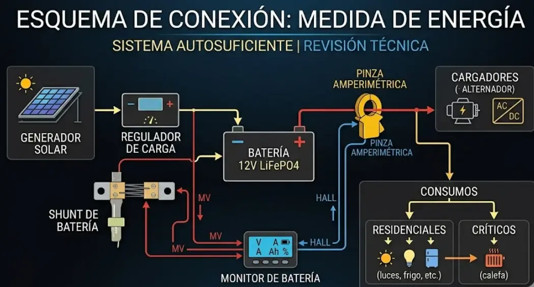Esquema de conexión típica con shunt y pinza amperimétrica