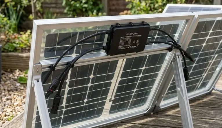 Primer plano de la cara trasera del panel bifacial EcoFlow 220W donde se aprecian las células solares expuestas y el reflejo del suelo claro