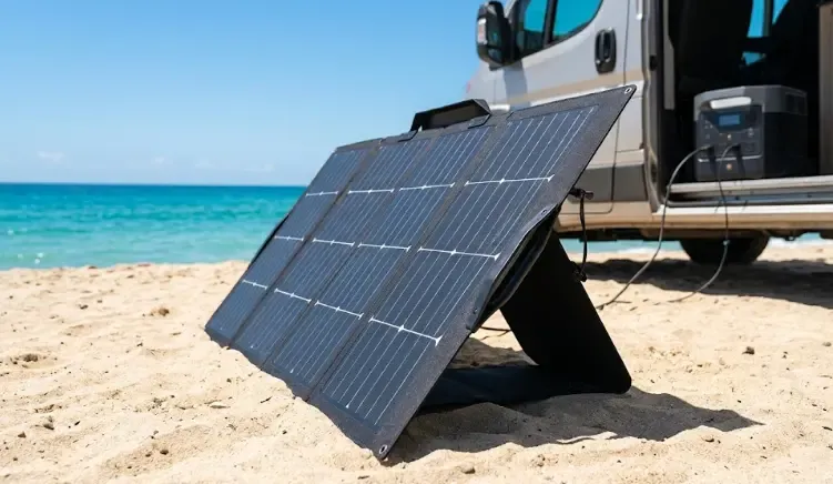 Panel solar EcoFlow 220W Bifacial desplegado sobre grava blanca junto a una furgoneta camper, mostrando la orientación hacia el sol y el cable conectado a la estación de energía