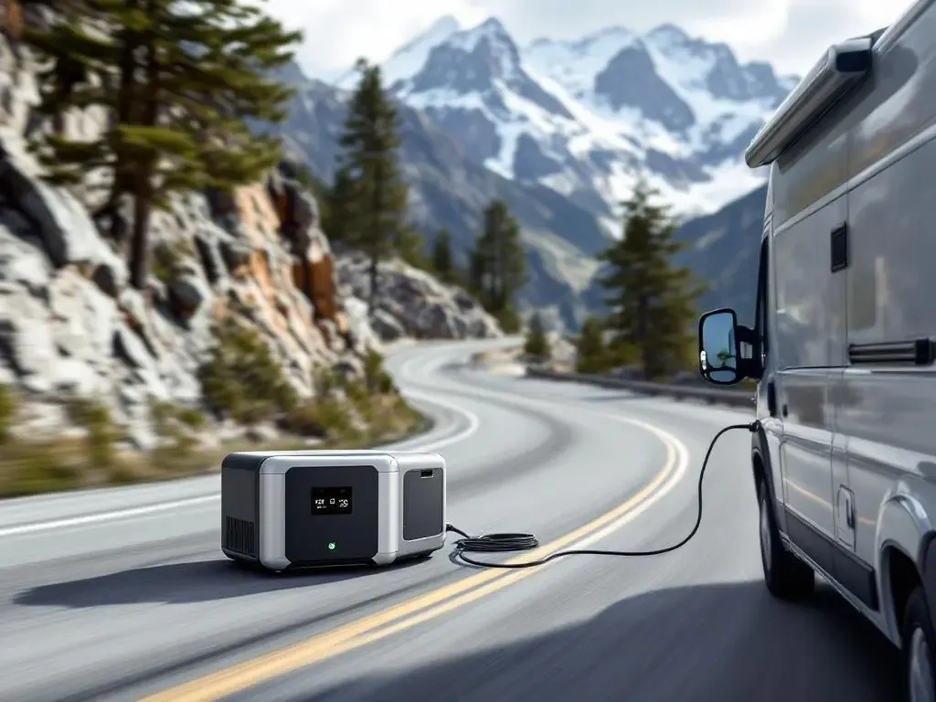 Furgoneta camper cargando batería con EcoFlow mientras conduce por carretera