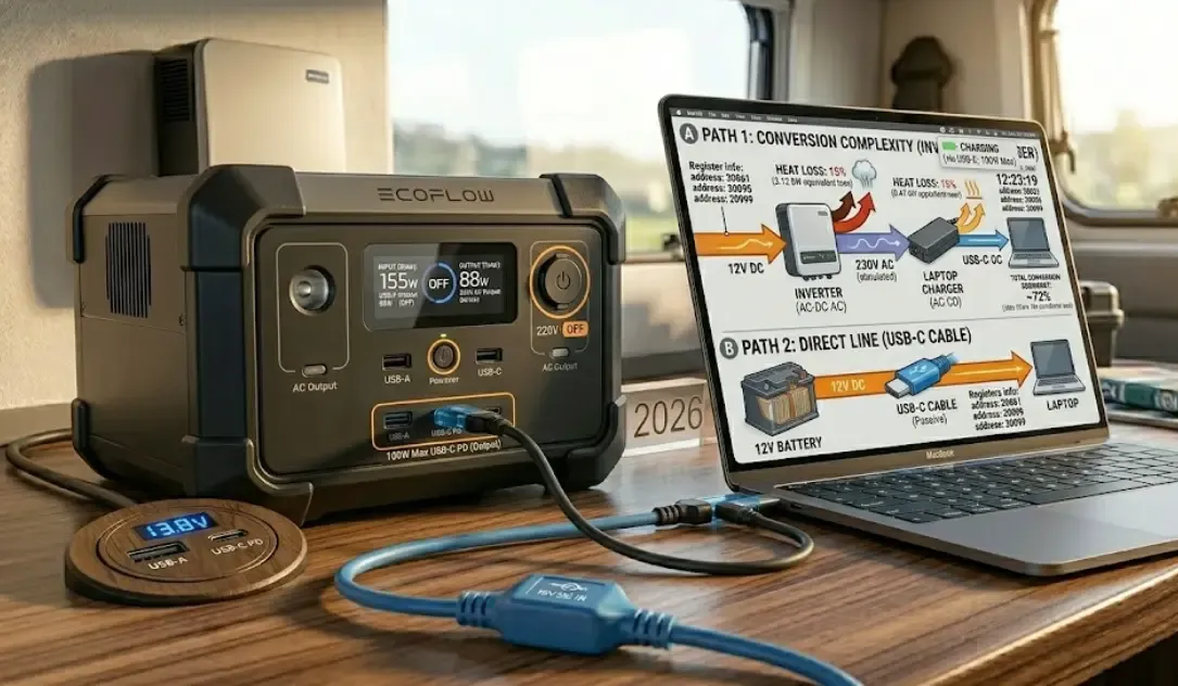 Una estación de energía EcoFlow con el botón de 220V apagado, cargando un ordenador portátil Mac a través de su puerto USB-C frontal de 100W.