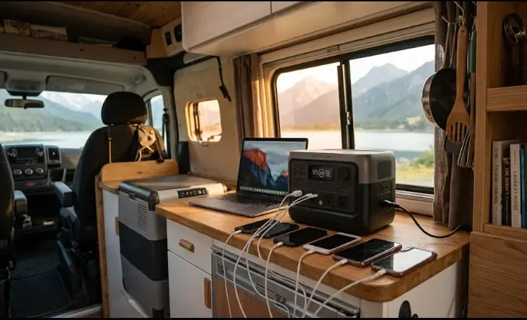 EcoFlow River 2 en uso real dentro de una furgoneta camper