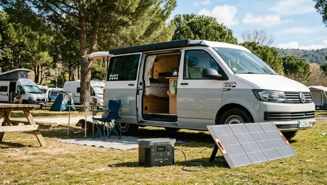 Una furgoneta pequeña VW Transporter en un camping, con una estación de energía EcoFlow River 2 Max en el suelo conectada a un panel solar portátil plegable orientado al sol.