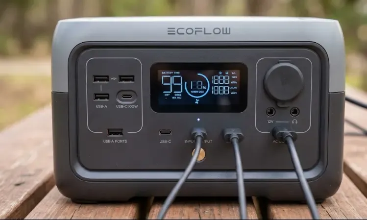 Pantalla LCD del EcoFlow River 2 mostrando potencia y autonomía restante