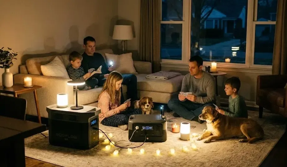 Familia tranquila en casa iluminada durante un apagón usando una estación de energía portátil