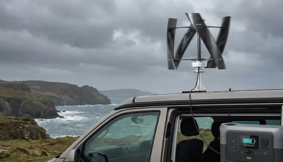 Mini aerogenerador portátil de eje vertical instalado en el techo de una furgoneta camper cargando una estación de energía durante un día nublado