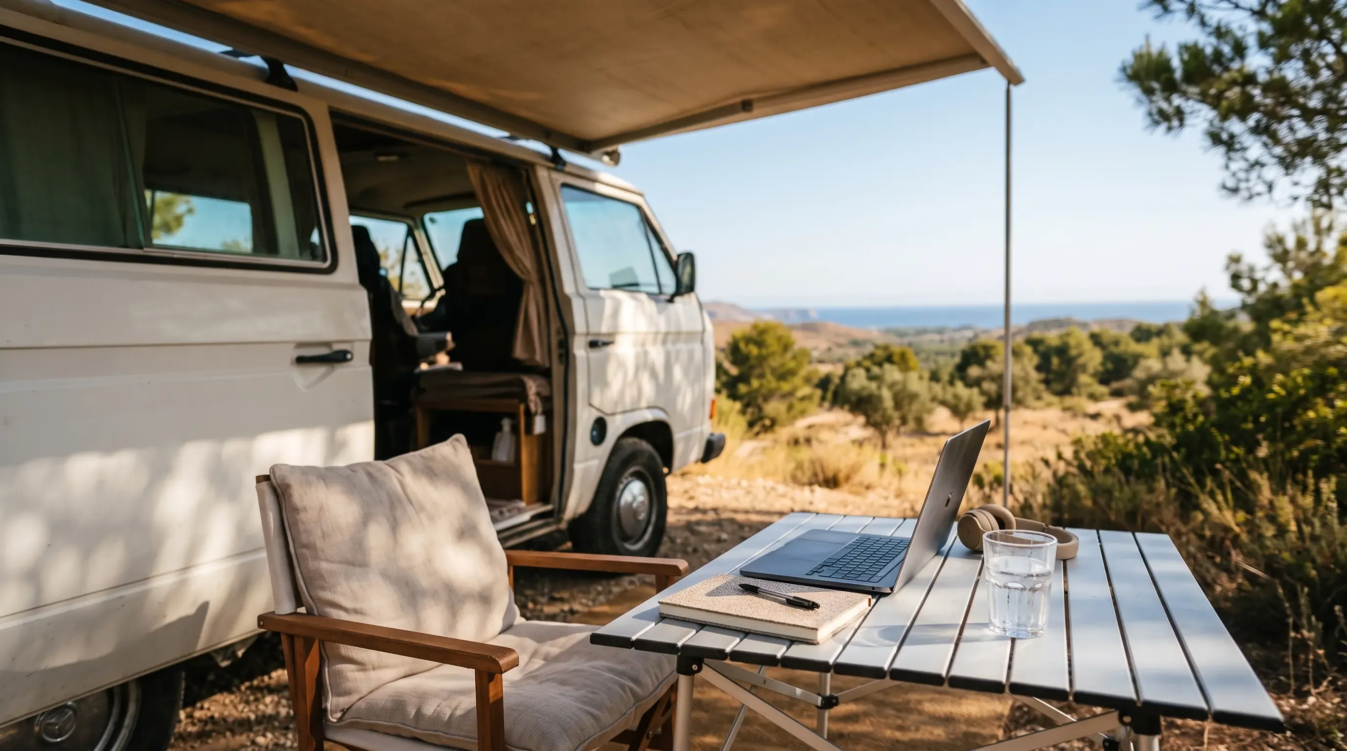 Mesa plegable y silla bajo el toldo de la camper: configuración real de teletrabajo a la sombra