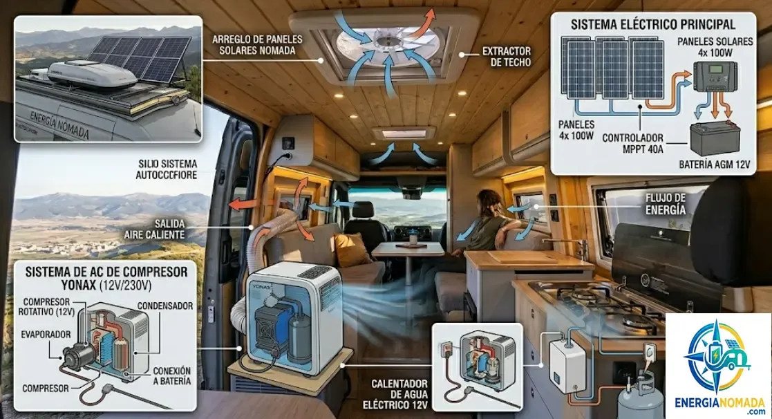 Esquema completo sistema climatización autosuficiente furgoneta solar