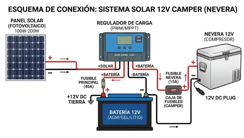 Esquema simple de conexión: panel solar, regulador MPPT, batería de litio y nevera 12V conectada con fusible, todo sobre una superficie de madera con los cables visibles y etiquetados a mano