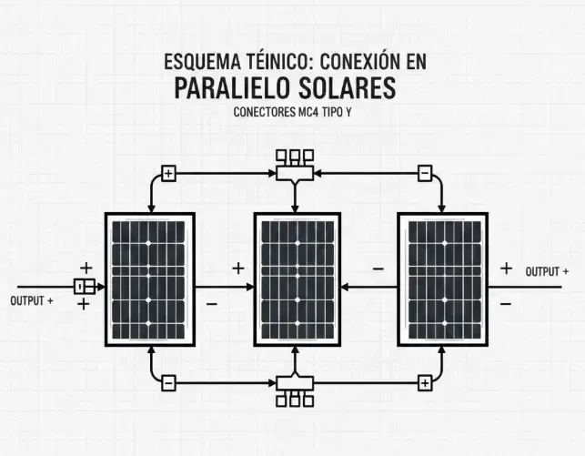 Gráfico mostrando cómo se conectan los paneles solares en paralelo utilizando conectores MC4 tipo Y para agrupar positivos y negativos