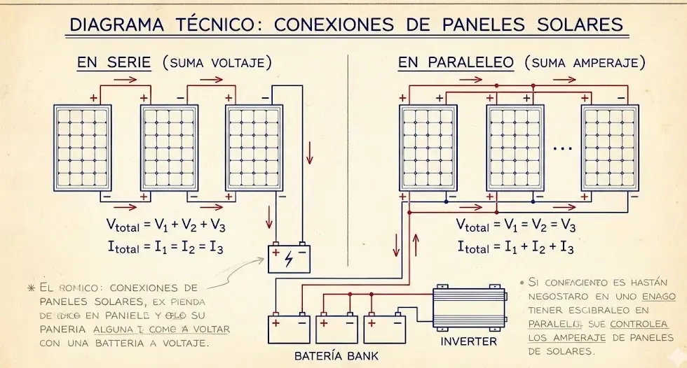 Diagrama técnico que explica la diferencia entre conectar paneles solares en serie sumando voltaje y en paralelo sumando amperaje