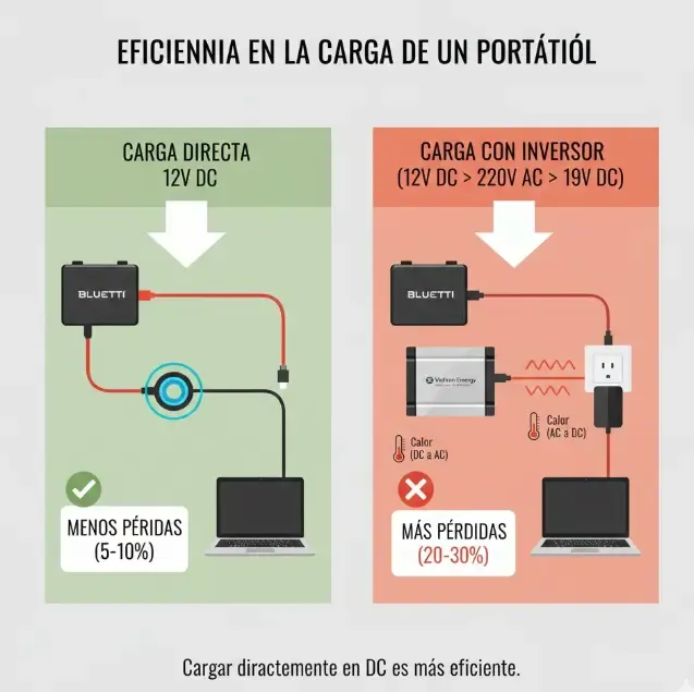 Gráfico explicativo que muestra la pérdida de energía en forma de calor al pasar de corriente continua a alterna y de nuevo a continua para cargar un portátil
