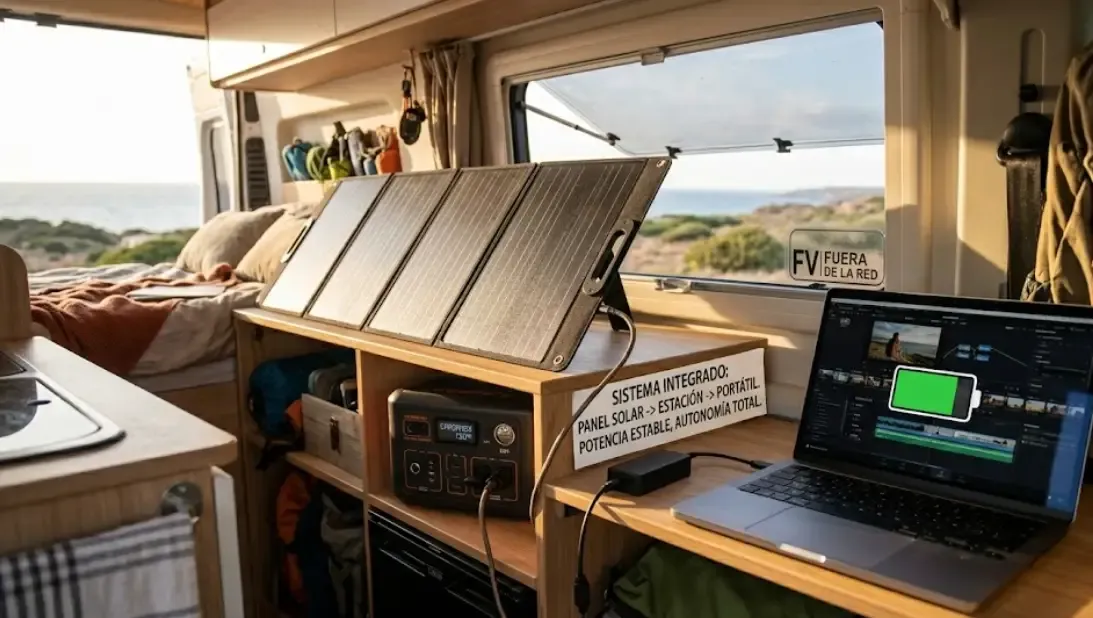 Sistema completo: panel solar plegable cargando estación de energía portátil que alimenta un portátil en furgoneta