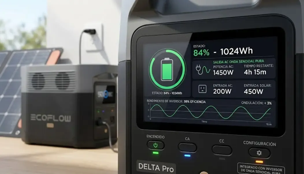 Panel de control de estación de energía portátil EcoFlow con inversor de onda pura integrado