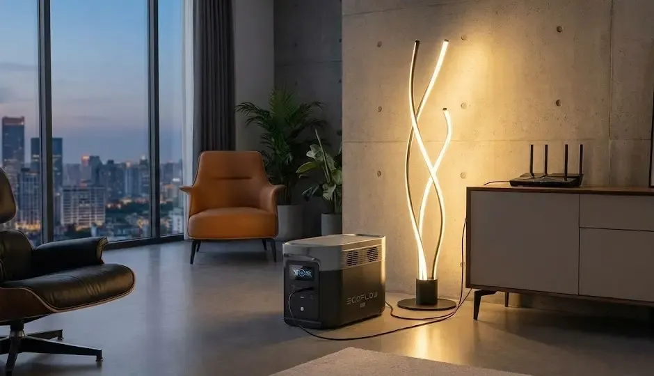 Estación de energía portátil conectada a un router y una lámpara en un salón moderno