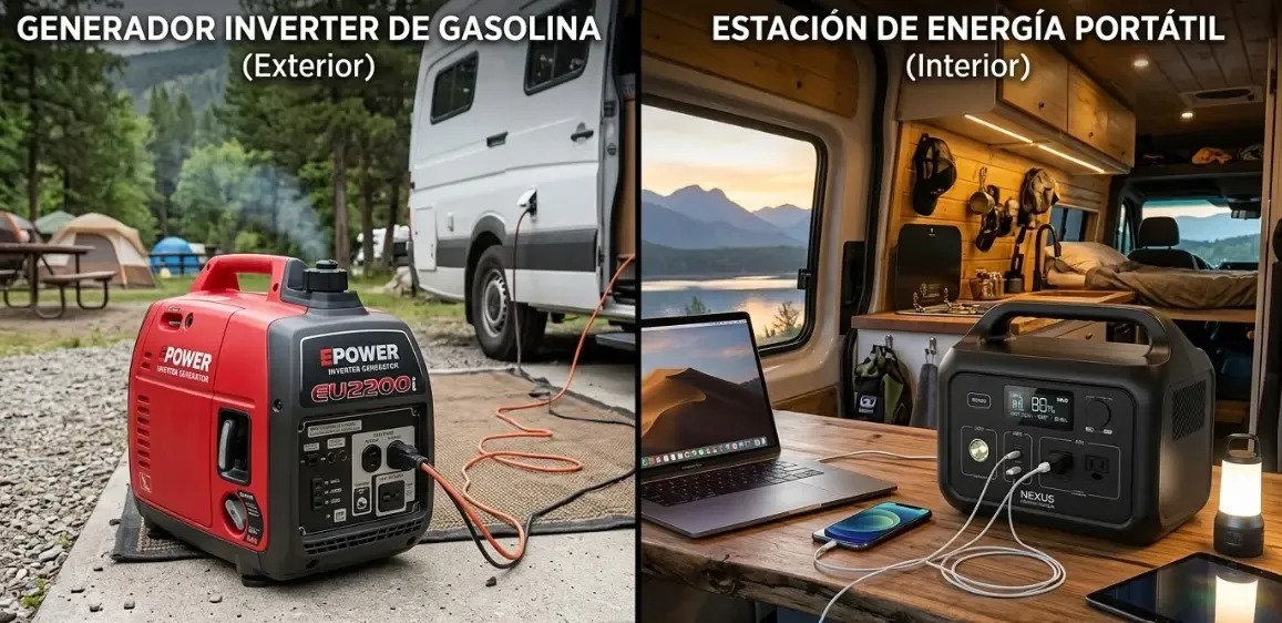 Comparativa visual entre un generador eléctrico inverter de gasolina rojo en el exterior y una moderna estación de energía portátil negra dentro de una furgoneta camper