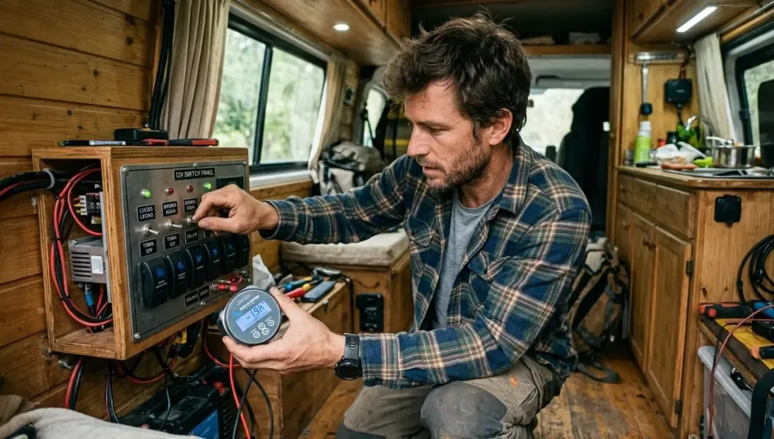 Persona revisando un panel de interruptores de 12V en una furgoneta camper mientras sostiene un monitor de batería que muestra un consumo negativo en reposo