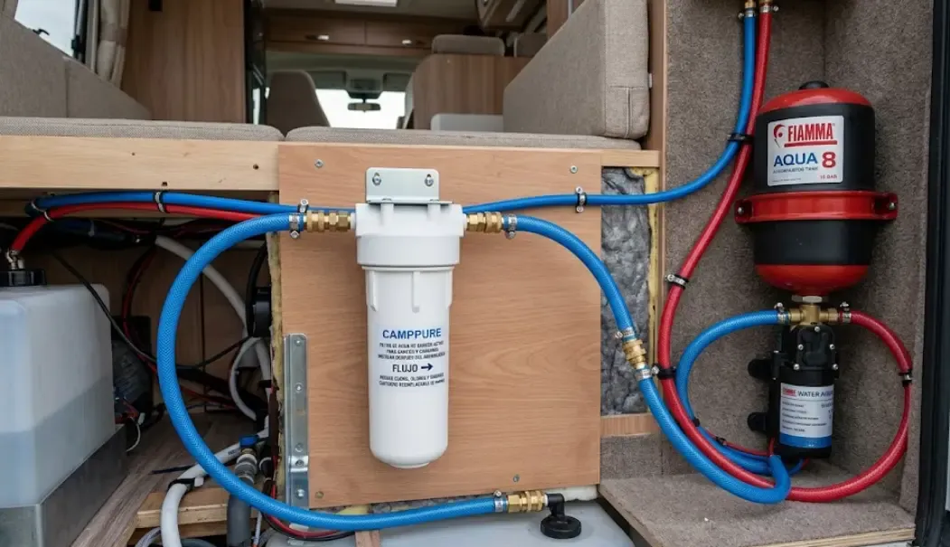 Filtro de agua de carbón activo para camper, instalado después del acumulador de presión