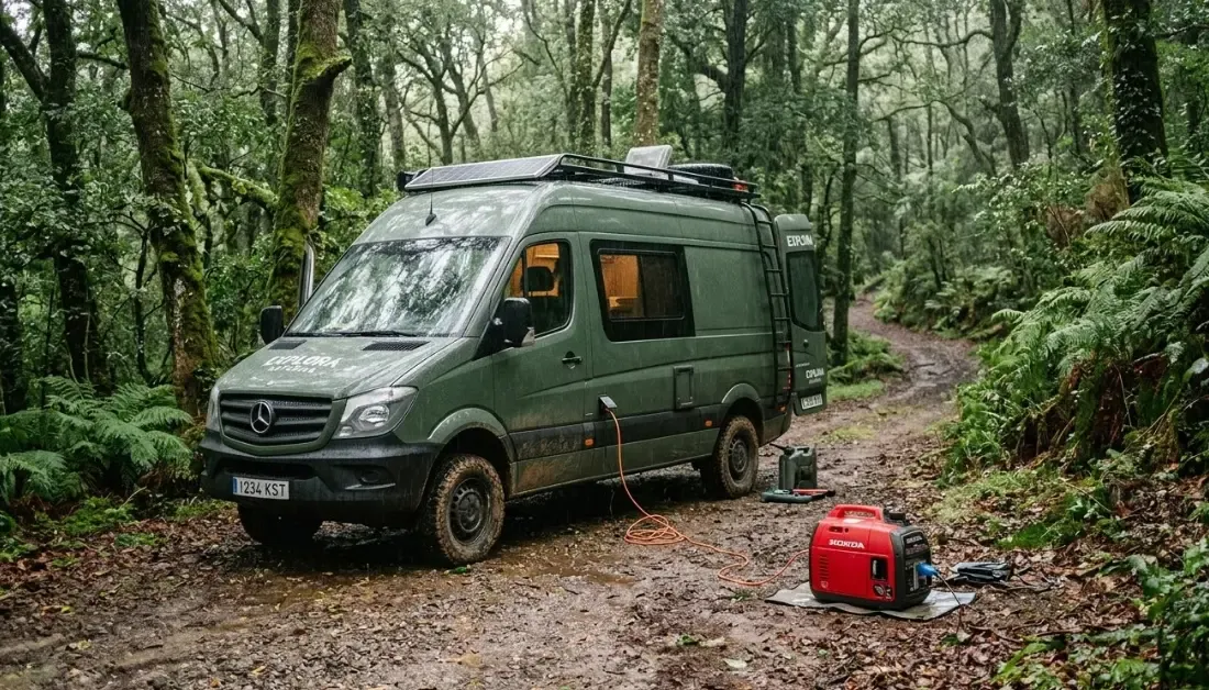 Un moderno generador eléctrico inverter silencioso de color rojo funcionando al lado de una furgoneta camper aparcada en un bosque lluvioso, conectado mediante un cable exterior