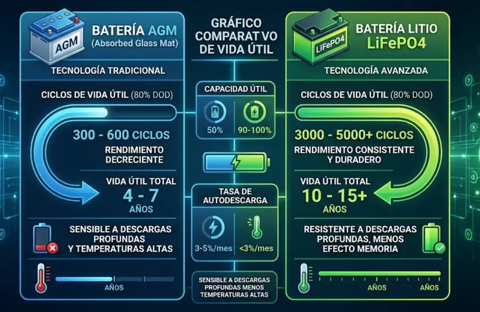 Gráfico comparativo de ciclos de vida útil entre batería AGM y Litio LiFePO4