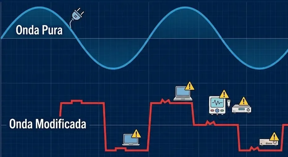 Gráfico visual que compara la onda senoidal pura (azul y suave, curva perfecta) frente a la onda modificada (roja y escalonada/cuadrada). Se muestran iconos de advertencia sobre la onda modificada indicando riesgo de avería para dispositivos electrónicos sensibles.