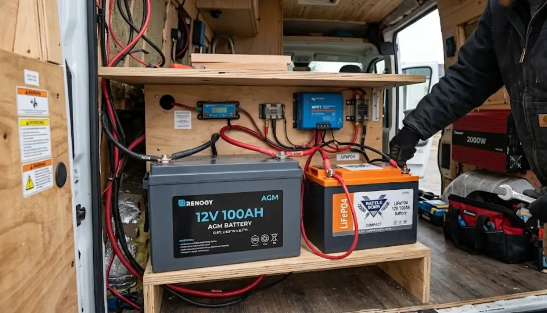 Instalación de batería en furgoneta camper mostrando el contraste de tamaño