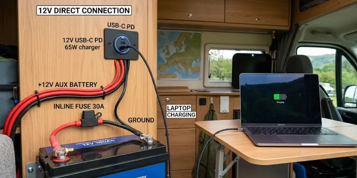Instalación eléctrica en camper con cargador 12V USB-C conectado directamente a batería auxiliar para cargar portátil sin usar estación de energía