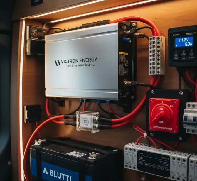 Cuadro eléctrico profesional en una furgoneta camper mostrando un inversor de onda pura conectado a una batería de litio mediante cables de gran sección, fusible ANL y desconectador rojo