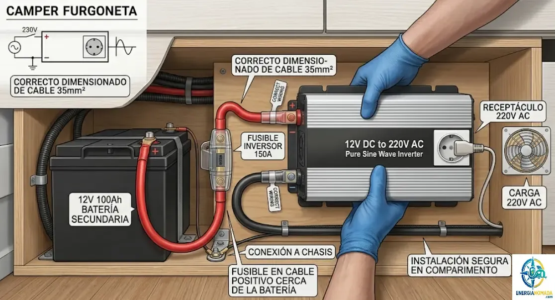 Instalación de inversor 12V 220V en compartimento furgoneta con fusible y cableado correcto
