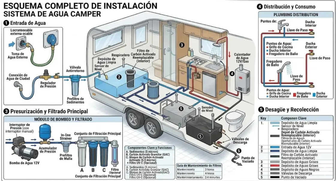 Esquema completo de instalación sistema de agua camper con bomba 12v y filtración