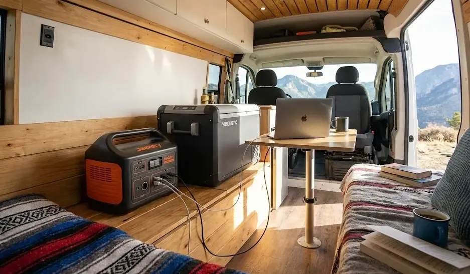 Furgoneta camper con estación de energía portátil conectada a nevera y portátil sin instalación compleja