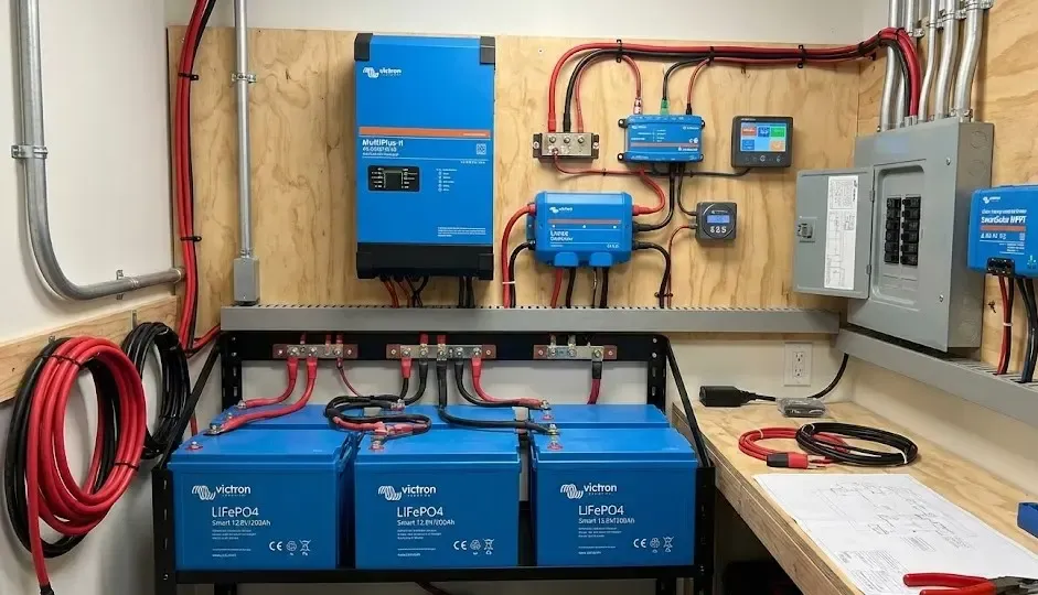 Instalación eléctrica con inversor cargador híbrido Victron y baterías de litio