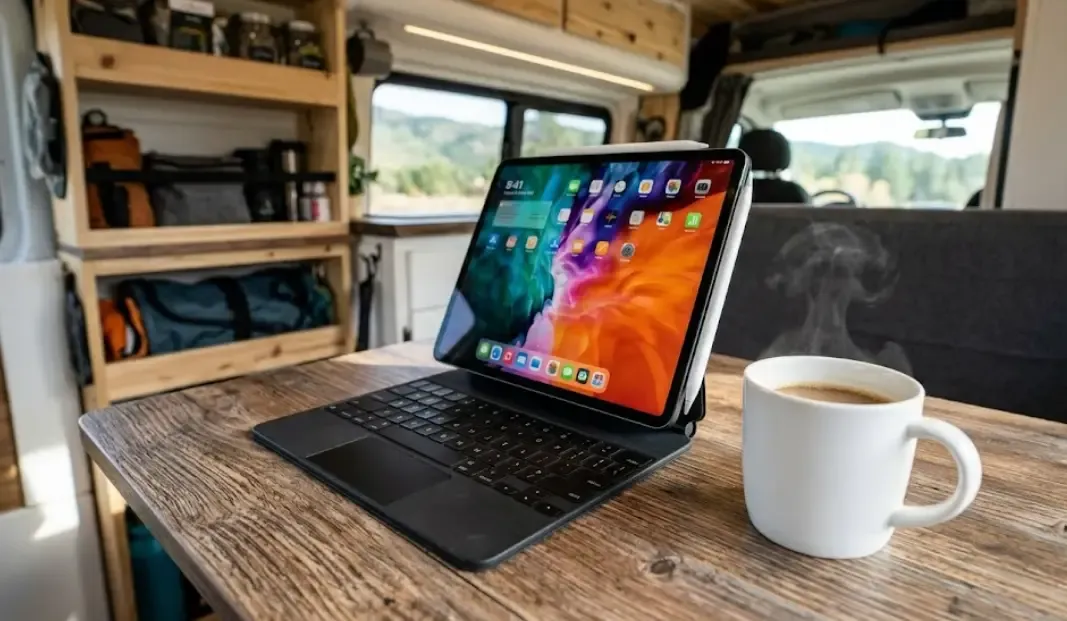 iPad Pro con Magic Keyboard y Apple Pencil sobre una mesa de madera en el interior de una camper, con una taza de café al lado