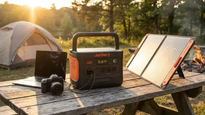 Jackery Explorer 1000 Pro en un camping con paneles solares desplegados