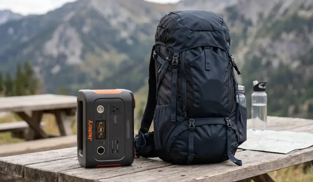 Comparativa de tamaño de la Jackery Explorer 300 Plus junto a una mochila de 40 litros