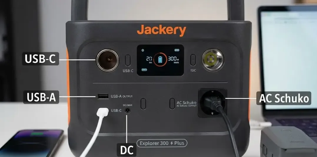 Puertos y salidas de la batería portátil Jackery 300 Plus: USB-C, USB-A, AC Schuko y DC