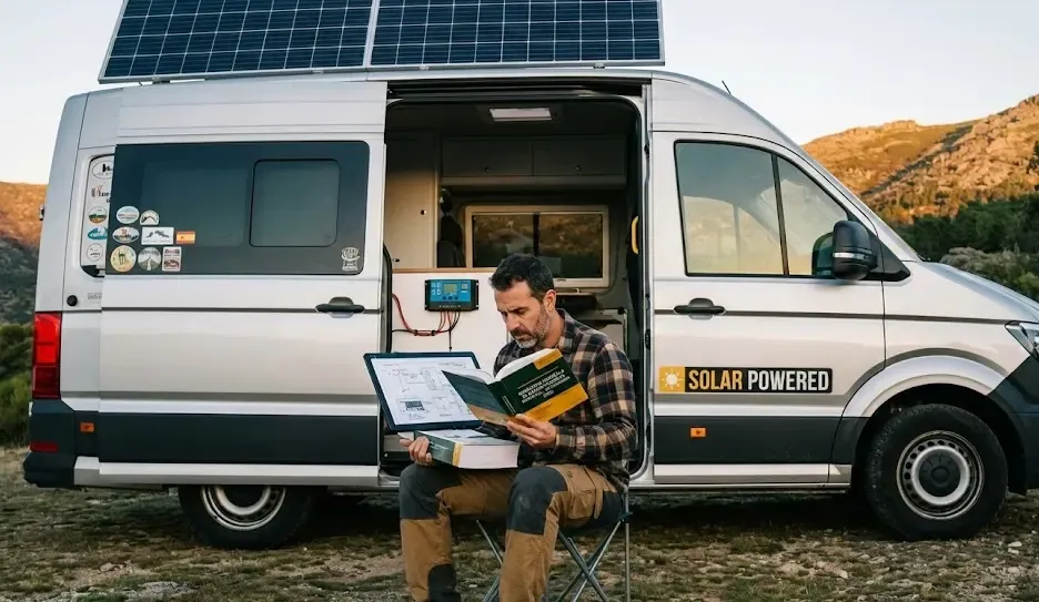 Hombre consultando normativa de autosuficiencia energética junto a su furgoneta camper con placas solares