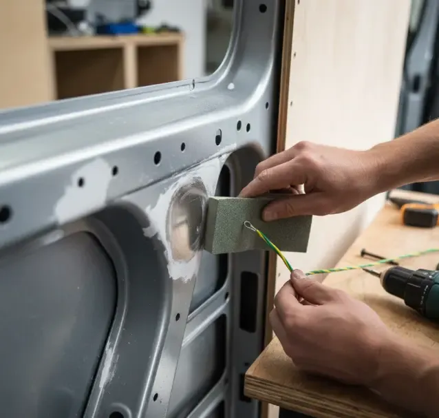 Persona usando papel de lija para quitar la pintura del chasis interior de una furgoneta camper antes de atornillar el cable de toma de tierra