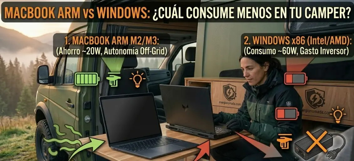 ¿MacBook M3 o Windows? Pruebas reales de consumo off-grid 2026. El que dura el doble en tu furgoneta.