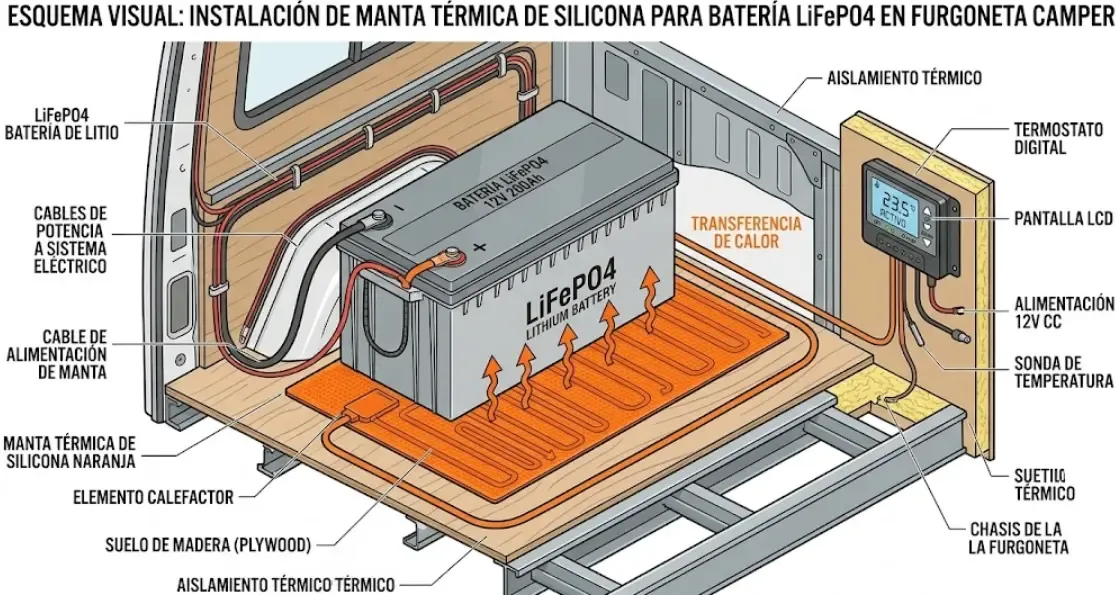 Esquema visual de una manta térmica de silicona naranja instalada debajo de una batería de litio LiFePO4 en una furgoneta camper con un termostato digital