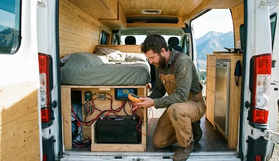 Persona revisando el estado de carga de su batería en una furgoneta