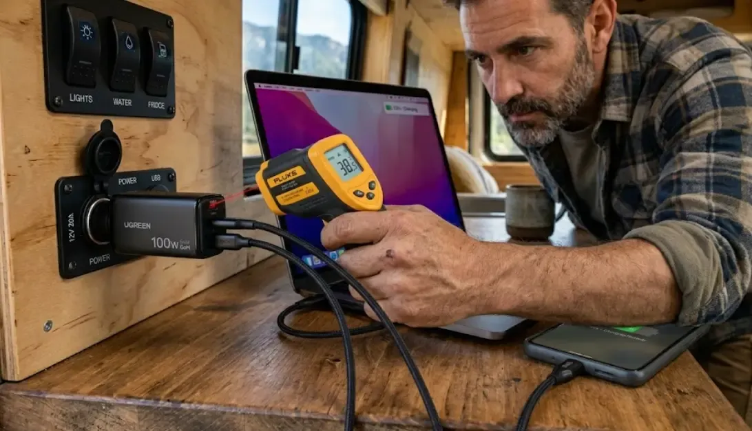 Miguel revisando la temperatura de un cargador GaN con un termómetro infrarrojo en una instalación camper profesional.